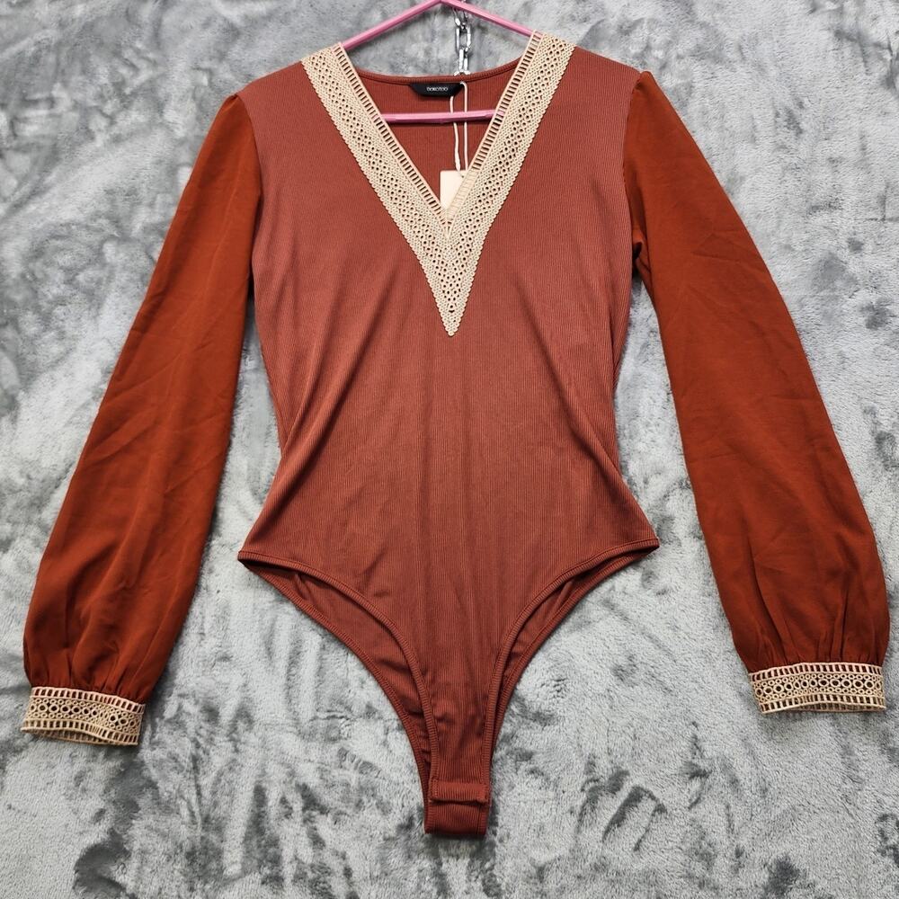 NEW Dokotoo Bodysuit Womens L Brown Cream Crochet V-Neck Lantern‎ Sleeve Boho